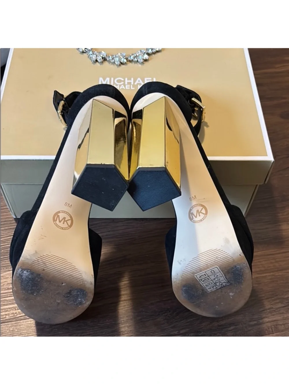 Michael Kors Black Suede Platform Sandals with Gold 3D Heel